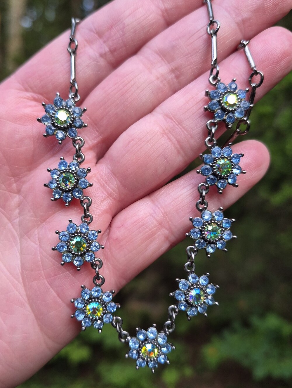 Nina Ricci For Avon Y2K Vintage Blue Green Rhinestone Gunmetal Flower Necklace